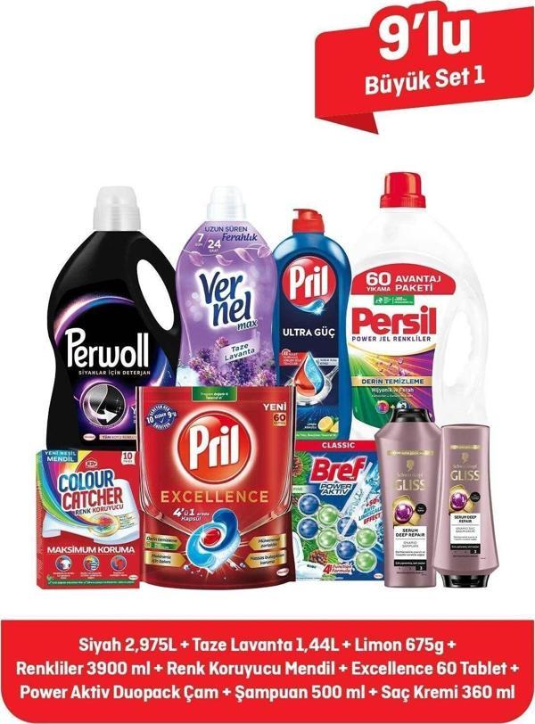 Perwoll Her Evin İhtiyacı Büyük Set 1 : Deterjan Yumuşatıcı Şampuan Perwoll Pril Vernel Bref K2R Gliss - Image 1