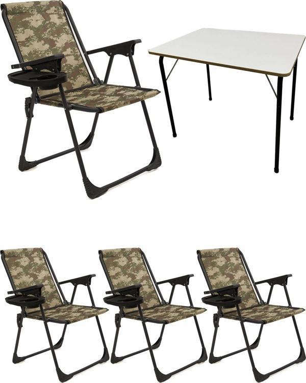 Moniev Natura 4 Adet Kamp Sandalyesi Katlanır Piknik Sandalye Oval Bardaklıklı Kamuflaj + Katlanır MDF Masa - Image 1