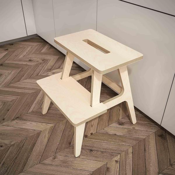 Woodesk Pikola Masif Ahşap Merdiven, Tabure ve Raflı Sehpa, Natural CPT3001-47 - Image 1