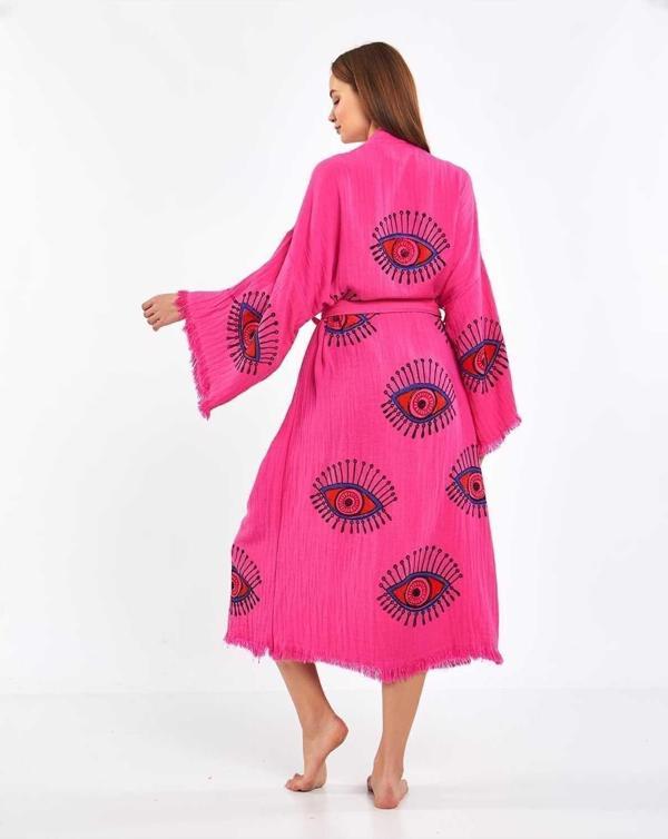 Müslin Kimono %100 Pamuklu Göz Desenli Bornoz Kaftan Sabahlık - Image 1