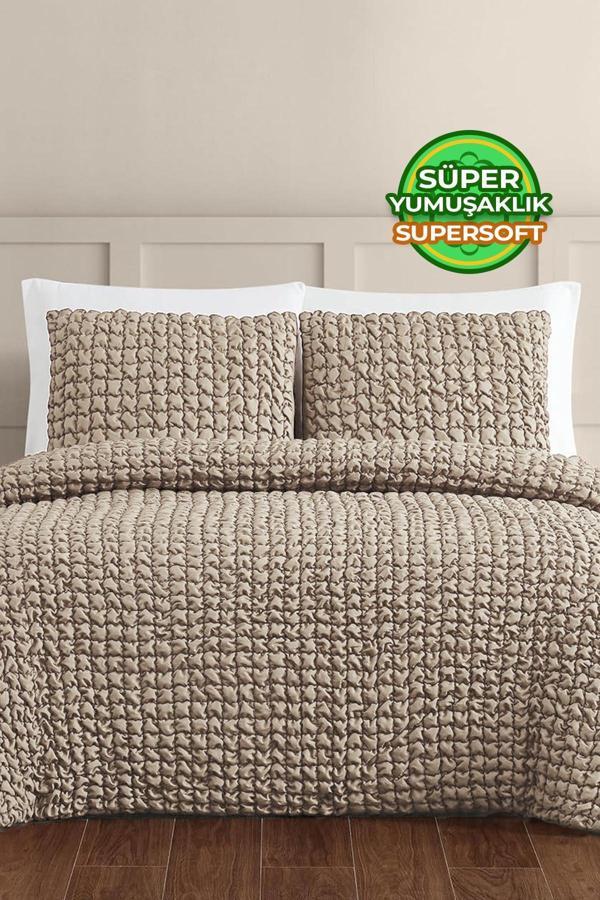 Evlen Home Collection Kadife Stacy Yatak Örtüsü Seti Çift Kişilik Elyaf Dolgulu Yumuşak 3 Parça - Image 1