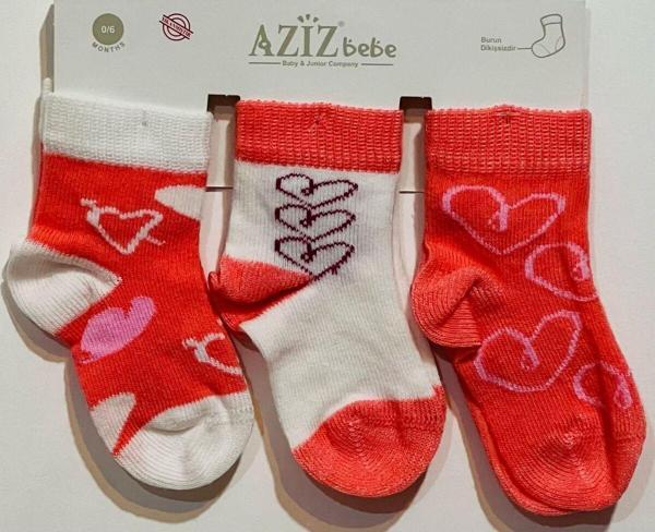 Aziz Bebe 3'Lü Çorap Kız Çocuk Kalp Desenli - Image 1