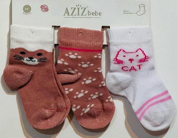 Aziz Bebe 3'Lü Çorap Kız Çocuk Kedi Desen - Image 1