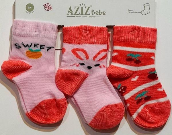 Aziz Bebe 3'Lü Çorap Kız Çocuk Sweet Tavşan Kiraz Desen - Image 1