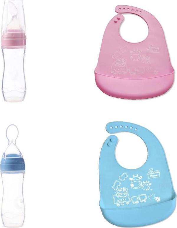 Agubugu Baby - Kaşıklı Mama Biberonu - Mavi + Silikon Bebek Mama Önlüğü - Mavi - Image 1