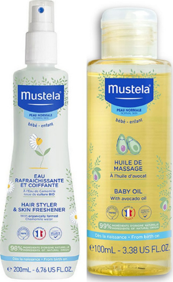 Mustela Organik Papatya Suyu ile Canlandırıcı ve Şekillendirici Sprey 200 ml - Bebek Bakım Masaj Yağı 100ml - Image 1