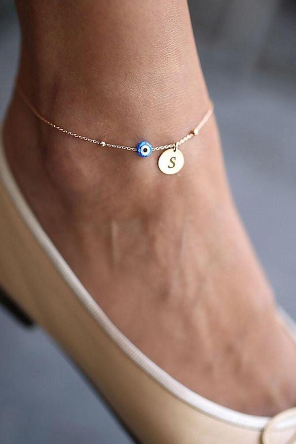 925 Ayar Nazar Boncuklu S Harfli Plaka Gümüş Halhal - Image 1