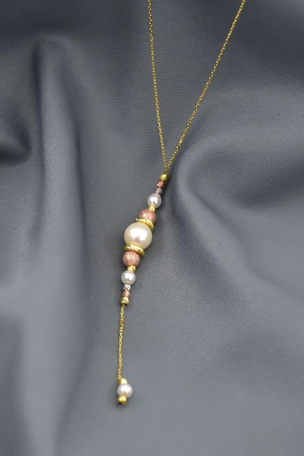 925 Ayar Gümüş Akışlı Sim Üç Renk Dorika Toplu Incili Kadın Kolye - Image 1