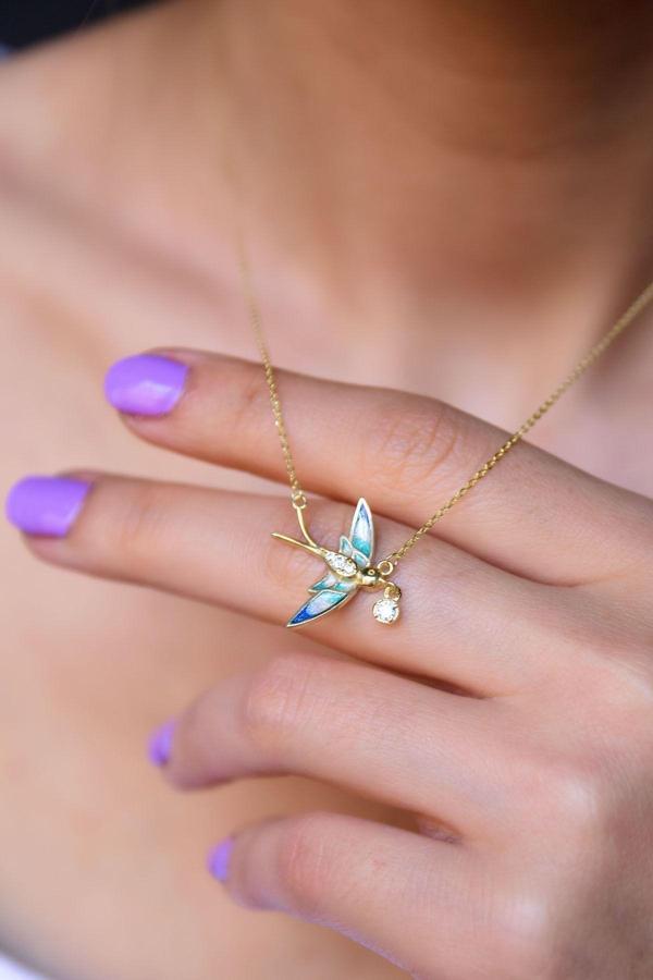 925 Ayar Gümüş Altın Kaplama Kırlangıç Tasarım Kolye - Image 1