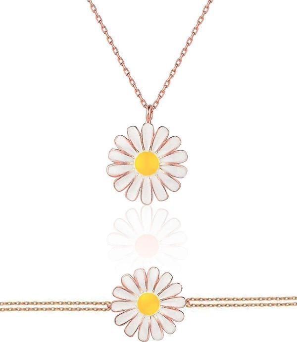 925 Ayar Rose Altın Mineli Gümüş Papatya Kolye Bileklik Set - Image 1