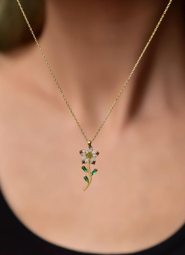 925 Ayar Gümüş Altın Kaplama Turuncu Taşlı Papatya Kolye - Image 1