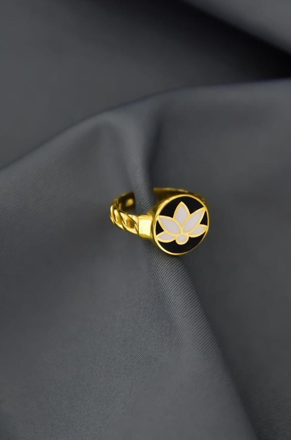 925 Ayar Gümüş Gold Kaplama Ayarlanabilir Mineli Lotus Çiçeği Yüzük - Image 1
