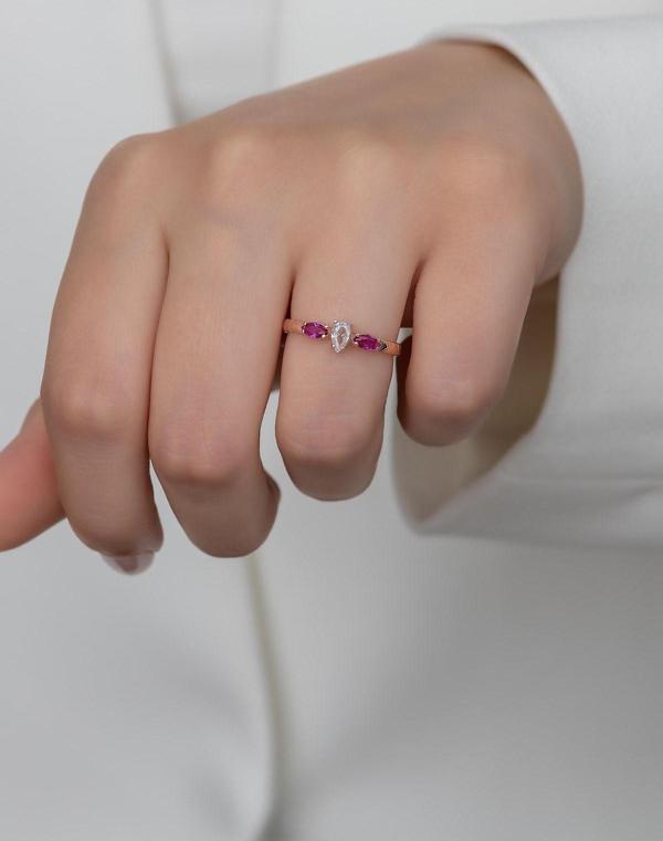 Gümüş Prenses Yüzük. Renkli Taşlı Ayarlanabilir Ölçü. Rose Gold Kaplama 925 Ayar Gümüş - Image 1