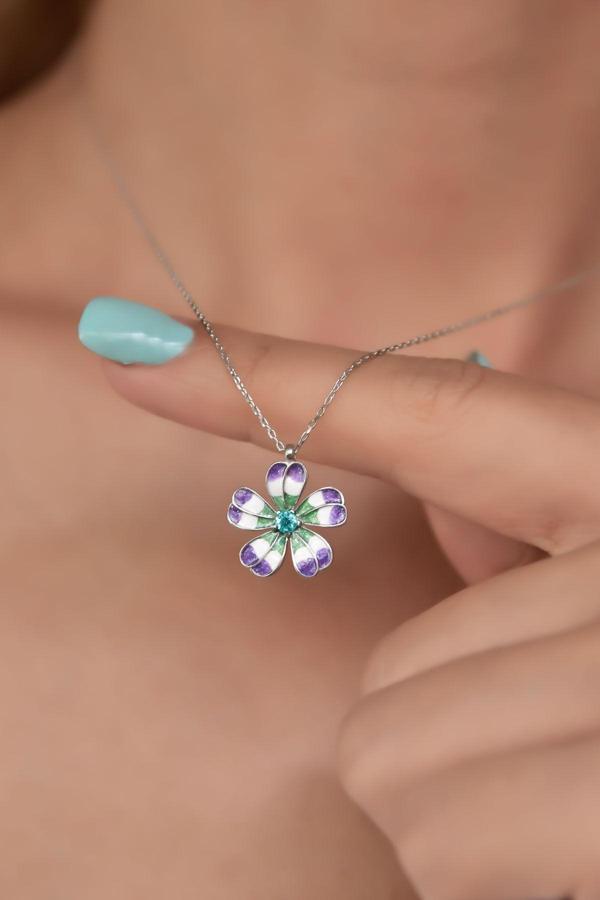 925 Ayar Gümüş Rodyum Kaplama Mineli Tektaş Yonca Kolye - Image 1