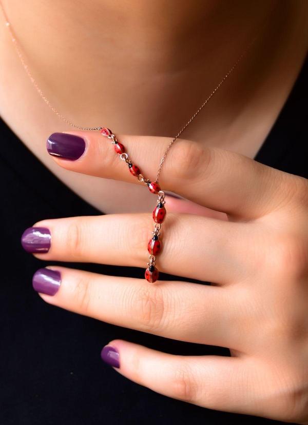 925 Ayar Gümüş Rose Kaplama Akışlı Uğur Böceği Kadın Kolye - Image 1