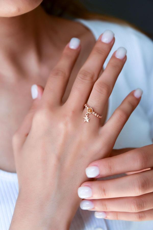 925 Ayar Gümüş Bal Rengi Ay Taşlı Yıldız Motifli Ayarlanabilir Kadın Yüzük - Image 1