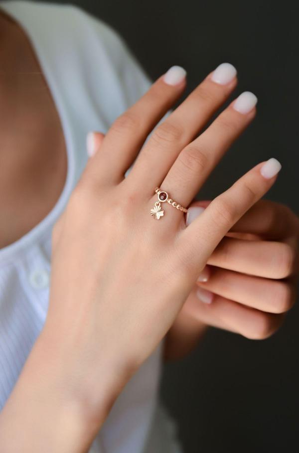 925 Ayar Gümüş Bordo Ay Taşlı Çiçek Motifli Ayarlanabilir Kadın Yüzük - Image 1