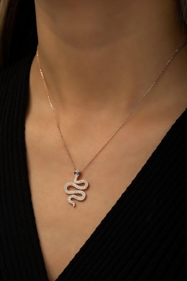 Yılan Kolye Nano Zirkon Taşlı Rose Gold Kaplama 925 Ayar Gümüş  Kolye - Uvps100405 - Image 1