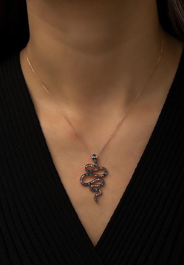 Yılan Kolye Renkli Mix Nano Zirkon Taşlı Rose Gold Kaplama 925 Ayar Gümüş Kolye - Uvps100410 - Image 1