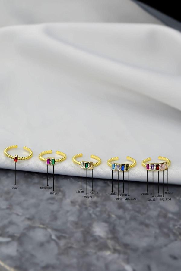 925 Ayar Gümüş Gold Kaplama Ayarlanabilir Zirkon Taşlı, Baget Doğum Taşlı Yüzük - Image 1