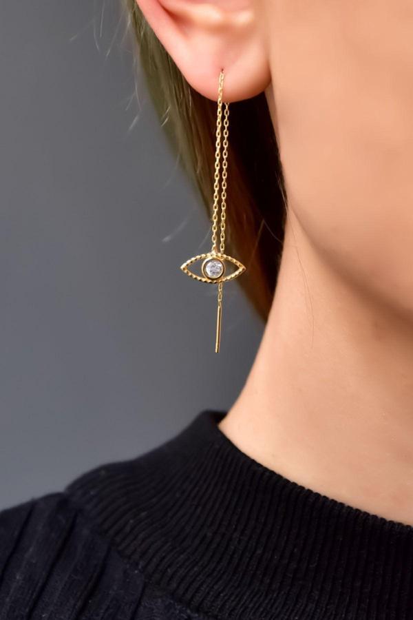 925 Ayar Gümüş Gold Kaplama Taşlı Üçüncü Göz Zincirli Küpe - Image 1