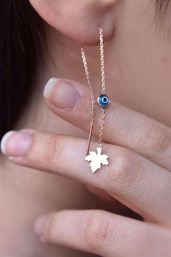 925 Ayar Gümüş Rose Kaplama Cam Göz Çınar Yaprağı Zincir Küpe - Image 1