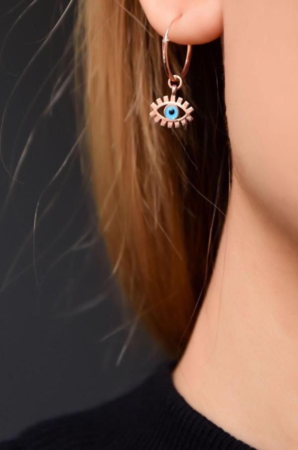 925 Ayar Gümüş Rose Kaplama Cam Göz Kirpik Halka Kadın Küpe - Image 1