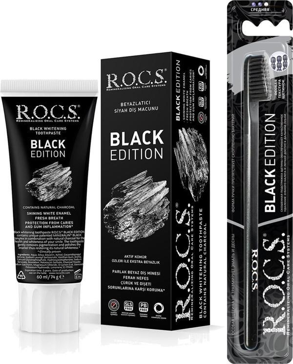 Rocs BLACK EDITION KÖMÜR ÖZLERİ İLE BEYAZLATICI DİŞ MACUNU VE DİŞ FIRÇASI SETİ - Image 1