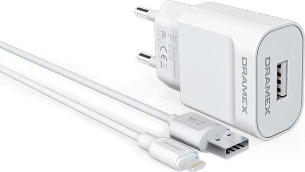Dramex D21L 2.1A 1mt USB-A - Lightning Kablolu 1xUSB-A Port Çıkışlı Şarj Cihazı - Beyaz - Image 1