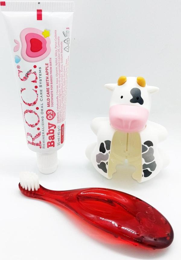 Rocs İNEK Rocs Baby Komple Ağız Bakım Seti - Bebek Diş Macunu + Bebek Diş Fırçası + Rocs Flipper Saklama Kabı - Image 1