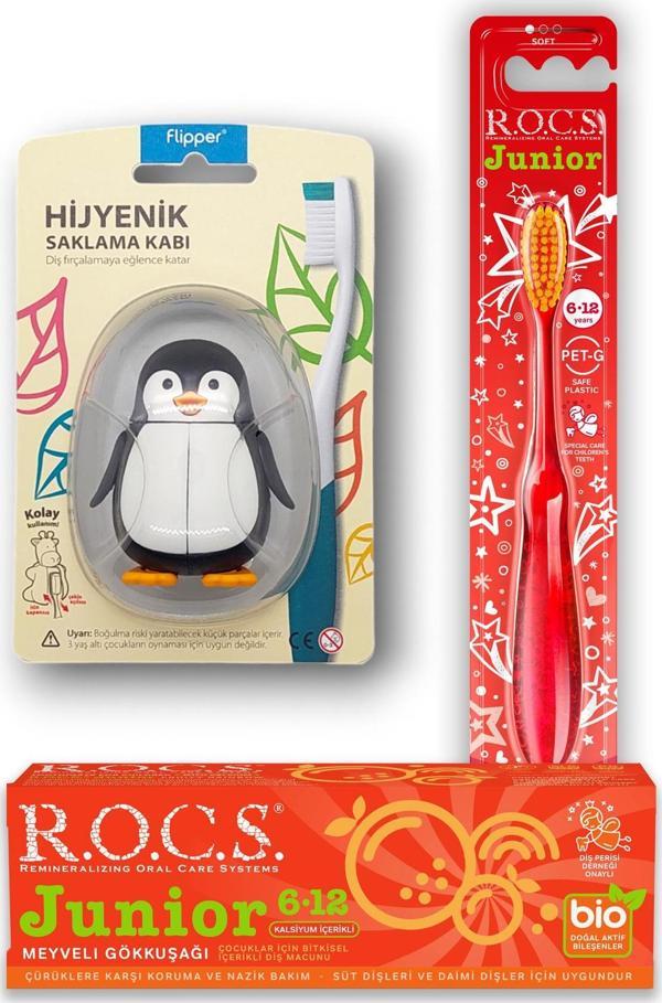 Rocs 6-12 Penguen Bakım Seti - Gökkuşağı diş macunu + Junıor Diş Fırçası kırmızı + Penguen Kabı - Image 1