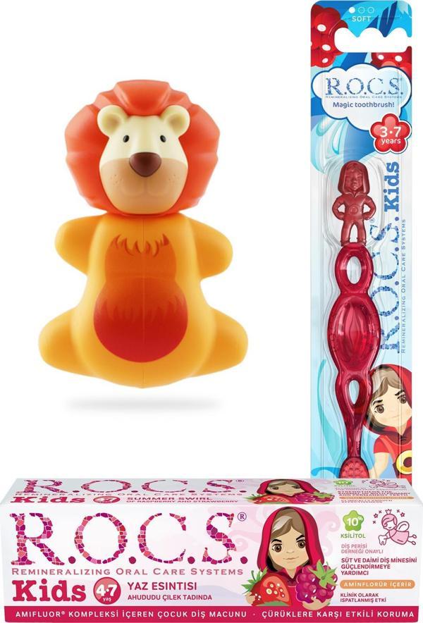 Rocs Kids 4-7 Yaş Ağız Bakım Seti - Ahududu Macun + Kids Fırça kırmızı + ASLAN SAKLAMA KABI - Image 1
