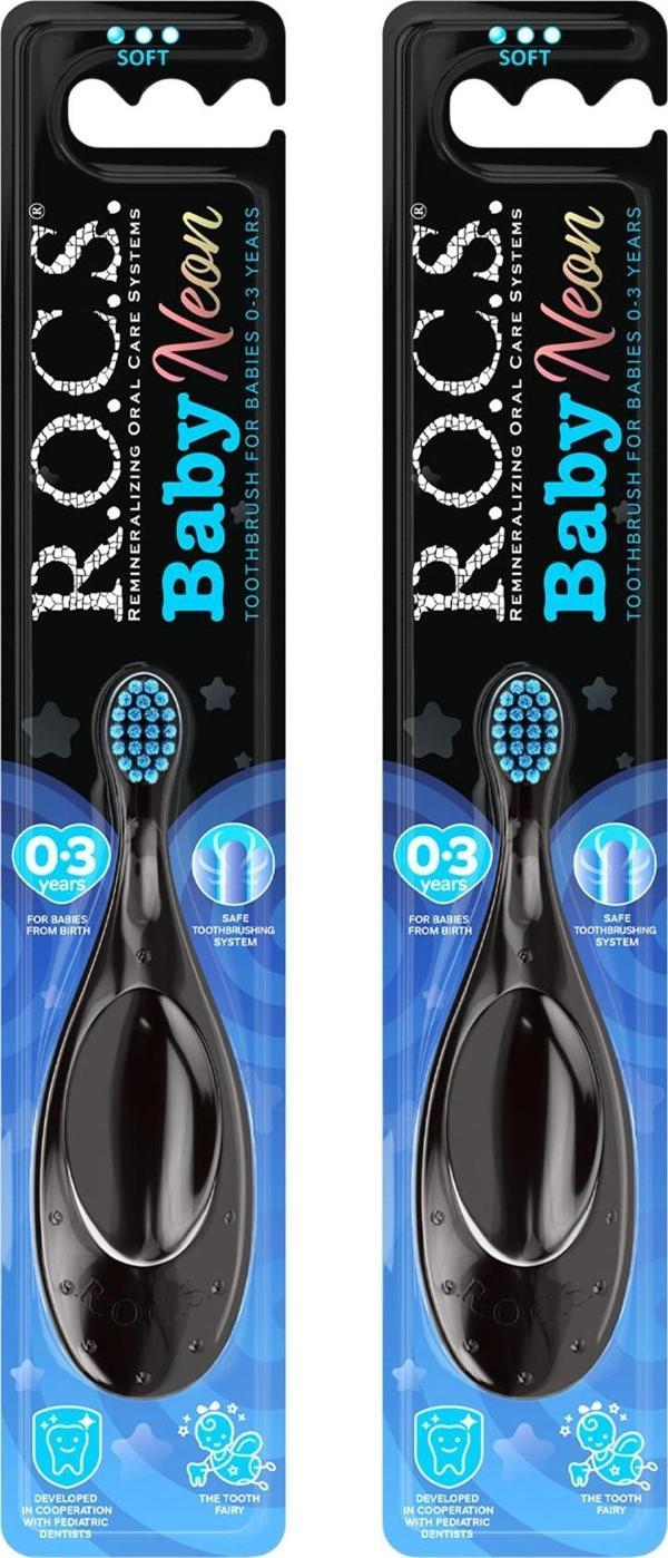 Rocs Baby Neon 0-3 Yaş İçin Ekstra Yumuşak Diş Fırçası - 2'li Mavi Set - Image 1