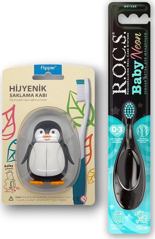 Rocs Baby NEON 0-3 Yaş Diş Fırçası Turkuaz ve Rocs Flipper Hijyenik Saklama Kabı Seti - PENGUEN - Image 1