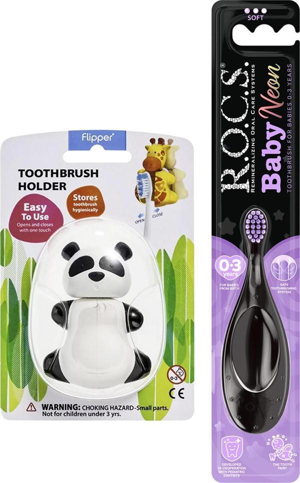 Rocs Baby NEON 0-3 Yaş Diş Fırçası Mor ve Rocs Flipper Hijyenik Saklama Kabı Seti - Panda Figürlü - Image 1