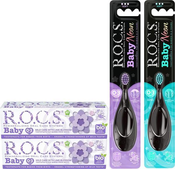 Rocs Baby 0-3 Yaş Ihlamur Özlü Diş MCN ve Rocs Baby Neon DİŞ FRC- 2 Macun + 2 Fırça Set TURKUAZ-MOR - Image 1