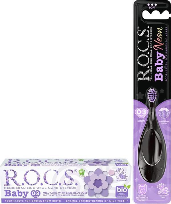 Rocs Baby 0-3 Yaş İçin Ihlamur Özlü Diş Macunu ve Rocs Baby Neon 0-3 Yaş Diş Fırçası Seti-MOR - Image 1