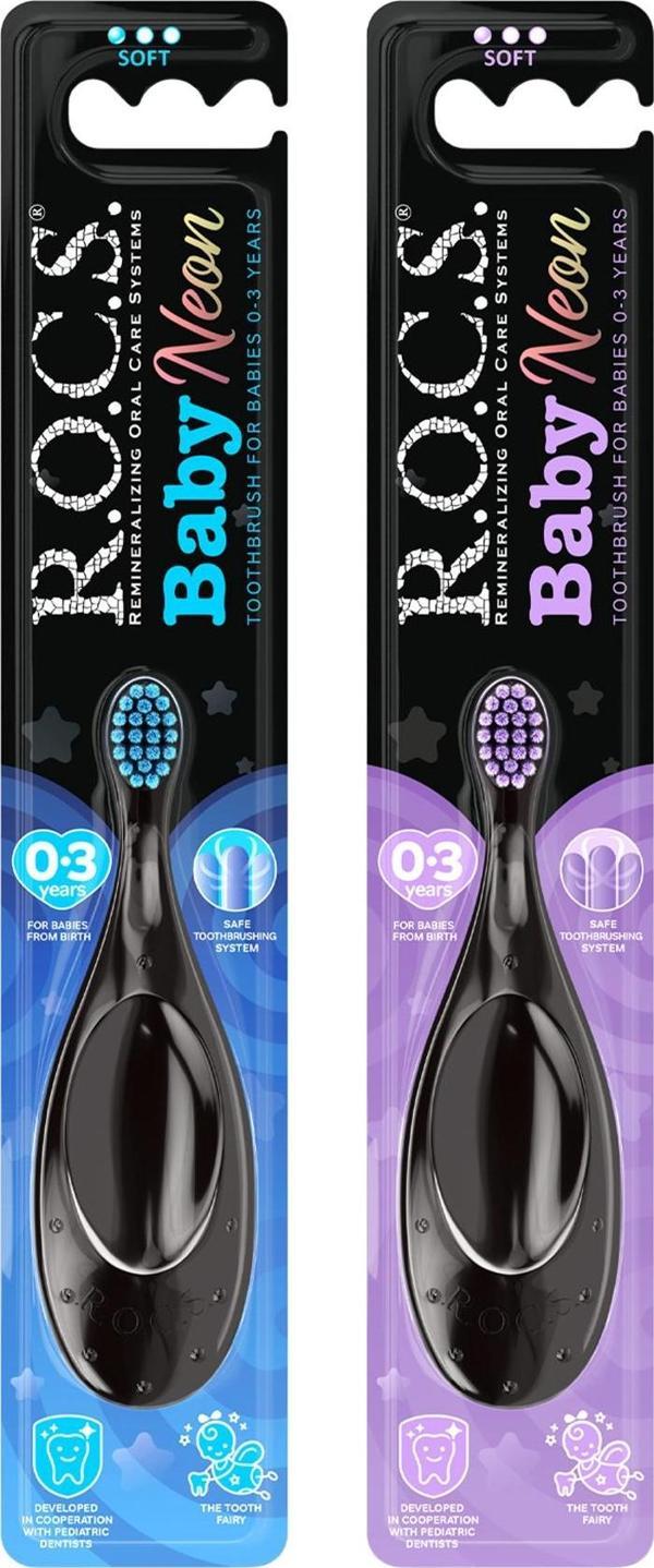 Rocs Baby Neon 0-3 Yaş İçin Ekstra Yumuşak Diş Fırçası - 2'li Set - Mor+Mavi - Image 1