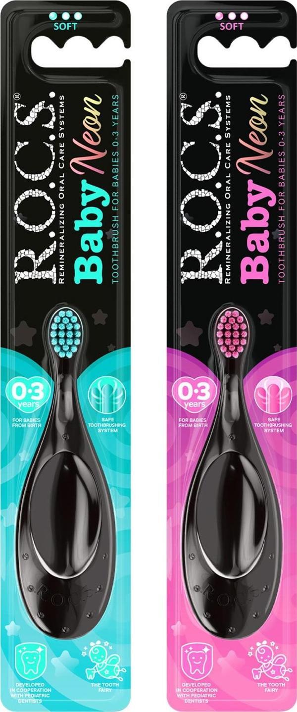 Rocs Baby Neon 0-3 Yaş İçin Ekstra Yumuşak Diş Fırçası - 2'li Set - Pembe+Turkuaz - Image 1