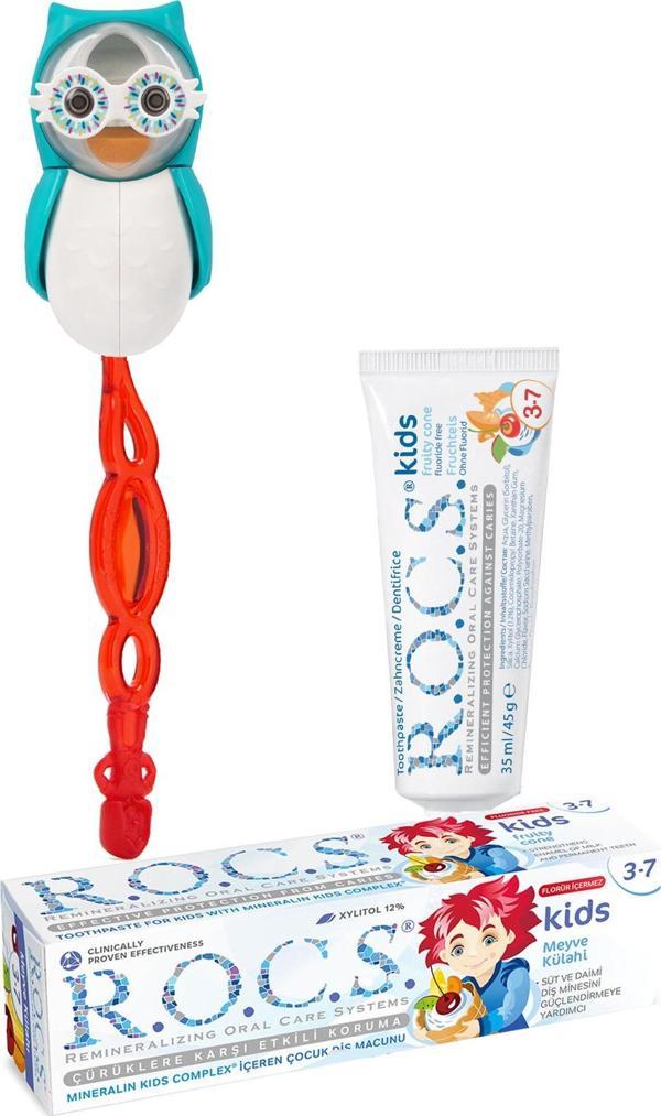 Rocs KIDS Mavi Baykuş Bakım Seti - Meyve Külahı diş macunu+ Diş Fırçası+ Baykuş Saklama Kabı-mavi - Image 1