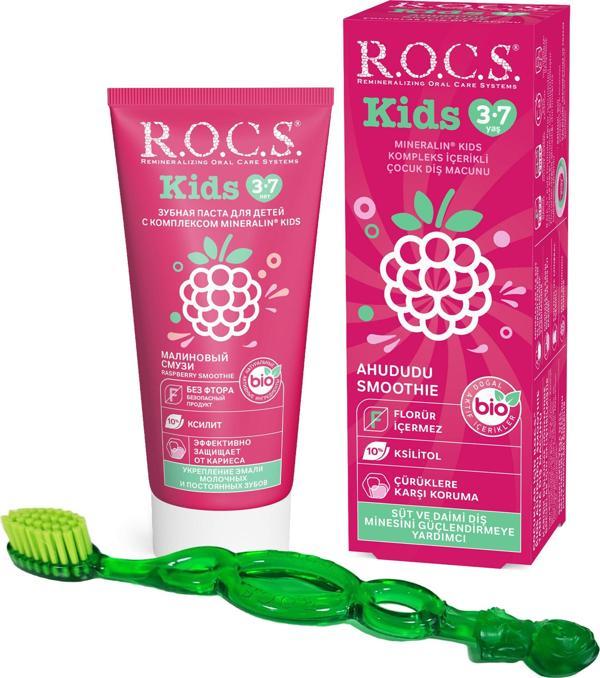 Rocs KIDS 3-7 YAŞ AHUDUDU SMOOTHIE TADINDA FLORÜRSÜZ DİŞ MCN+3-7 KİDS FIRÇA SETİ-YEŞİL - Image 1