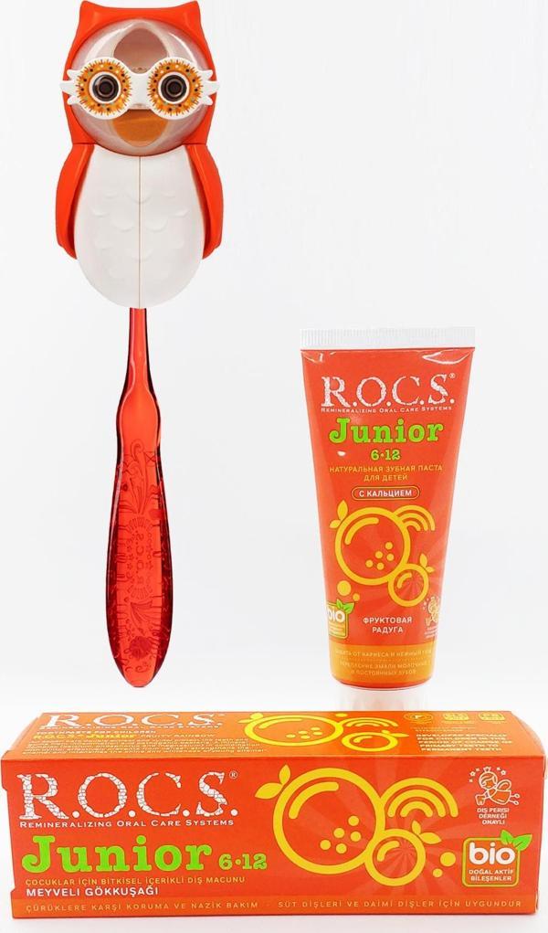 Rocs 6-12 Turuncu Baykuş Bakım Seti - Gökkuşağı diş macunu+ Diş Fırçası+ Baykuş Saklama Kabı - Image 1