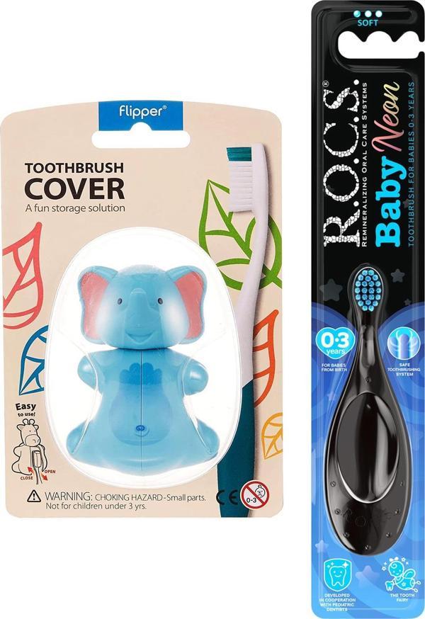 Rocs Baby NEON 0-3 Yaş Diş Fırçası Mavi ve Rocs Flipper Hijyenik Saklama Kabı Seti -Fil - Image 1