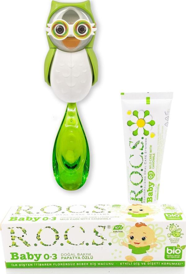 Rocs Baby Yeşil Baykuş Bakım Seti - Papatyalı diş macunu+ Diş Fırçası+ Baykuş Saklama Kabı-YEŞİL - Image 1