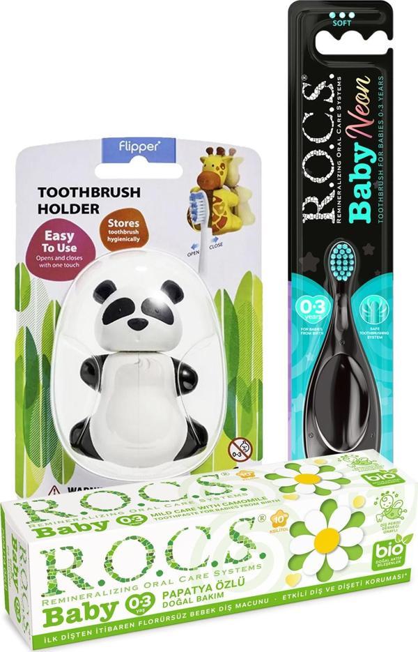 Rocs Baby Neon Turkuaz Komple Ağız Bakım Seti - Papatya Macun + Neon Fırçası +Panda Saklama Kabı - Image 1