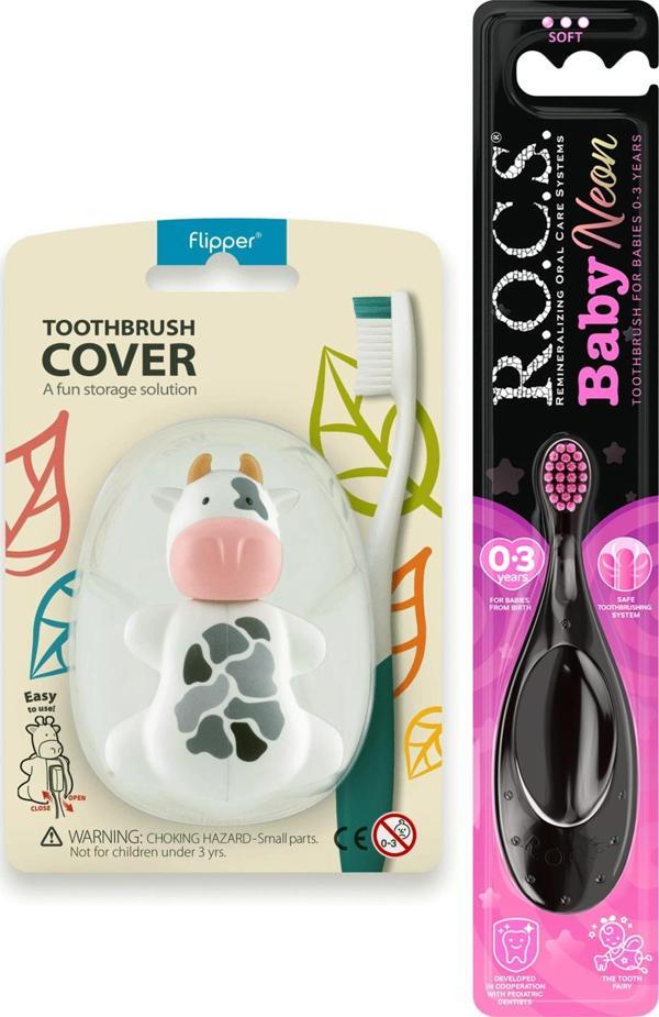 Rocs Baby NEON 0-3 Yaş Diş Fırçası Pembe ve Rocs Flipper Hijyenik Saklama Kabı Seti - İNEK - Image 1