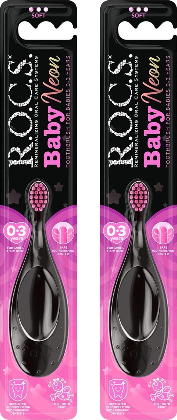 Rocs Baby Neon 0-3 Yaş İçin Ekstra Yumuşak Diş Fırçası - 2'li Pembe Set - Image 1