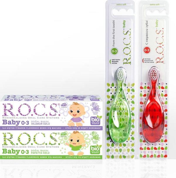 Rocs Baby 0-3 Yaş Diş Ağız Bakım Seti - 2 Diş Macunu ve 2 Diş Fırçası (Kırmızı/Yeşil) - Image 1