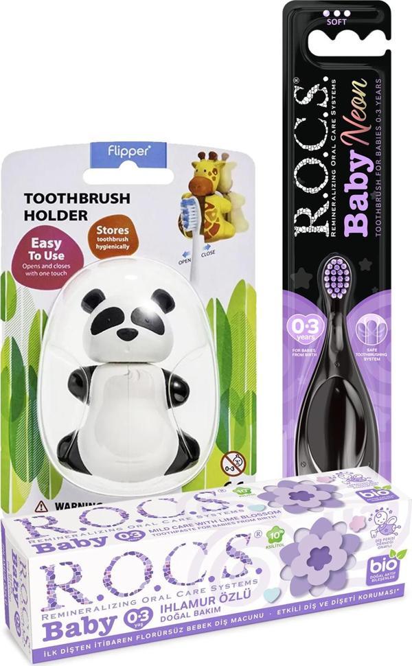 Rocs Baby Neon Komple Ağız Bakım Seti - Ihlamur Macun + Neon Fırçası Mor+Panda Saklama Kabı - Image 1