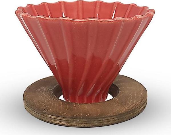 Ahşap Standlı V60 Seramik Dripper No.2 Kırmızı – Kahve Demleme, Barista Dripper, V60 Kahve Filtresi - Image 1